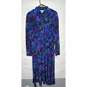 Hana Sung Vintage Long Sleeve Half Button Neck Tie Dress Blue/Purple Size 16